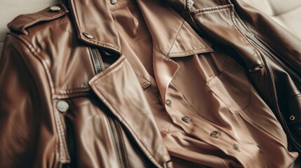 Obraz premium A stylish brown leather jacket is neatly displayed on a soft surface, showcasing its intricate design and texture in a warm atmosphere.