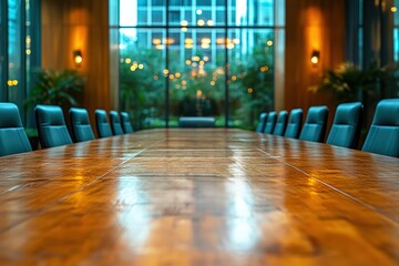 The Boardroom Awaits: Polished Elegance - A gleaming, empty boardroom table takes center stage, reflecting the anticipation of strategic decisions and high-powered discussions.  