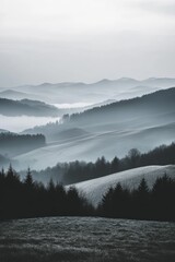 Fototapeta premium Misty rolling hills at dawn in a tranquil landscape