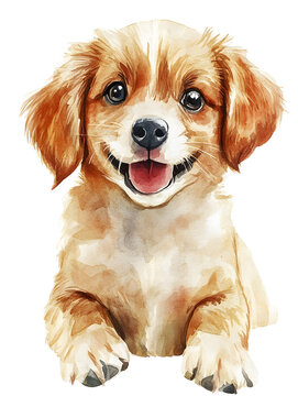 Cute, fluffy brown puppy with big eyes and tongue sticking out, smiling. Watercolor style.