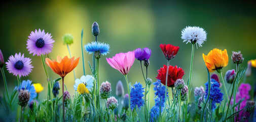 A vibrant collection of wildflowers in various colors, beautifully blooming in a lush green landscape.