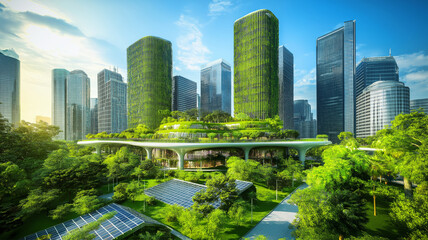 Obraz premium Futuristic cityscape with green skyscrapers and abundant trees showcasing sustainable urban living and renewable energy solutions