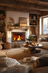 Fototapeta premium A rustic living room with cozy furniture, a warm fireplace and natural wood accents