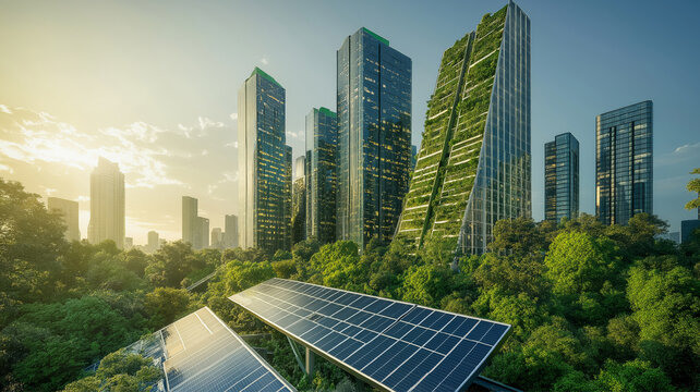 Eco-friendly skyscrapers covered in greenery with solar panels in a futuristic city at sunset