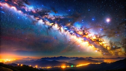 Fototapeta premium Beautiful view of colorful Milky Way lights in space , Milky Way, beautiful, view, colorful, lights, space, galaxy, stars