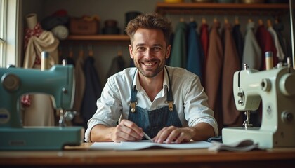 Fototapeta premium A skilled tailor smiles while working on a suit, surrounded by fabrics and tools. His inviting expression and blurred background create a professional, trusting atmosphere.