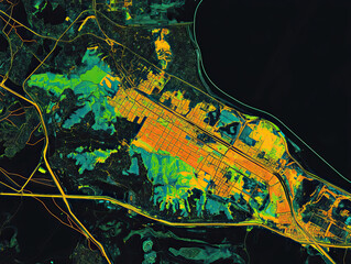 Fototapeta premium Technical aerial visual, 3D LiDAR GIS aerial map satellite scan model isolated, showing Sacramento. Elevation, topography, render