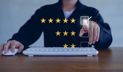  User give rating to service excellent experience, Client evaluate quality of service reputation ranking of business. Customer review satisfaction feedback survey concept.