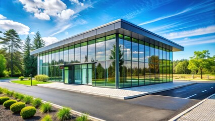 Fototapeta premium Modern single-story small office building with sleek glass facade, surrounded by lush greenery and paved parking lot under a bright sunny sky.