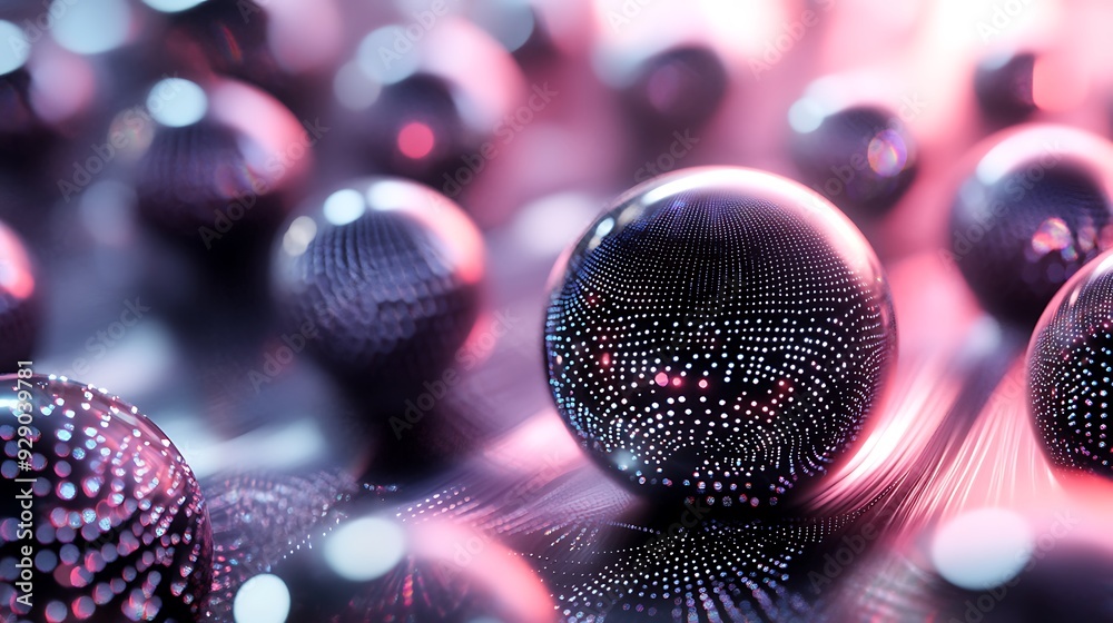 Poster abstract shiny sphere with dots in pink and blue light