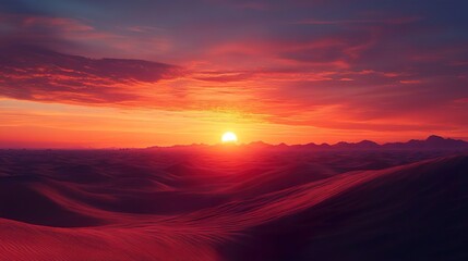 Fototapeta premium Desert Dawn Glory Fiery Sky and Serene Sand Dunes at Sunrise