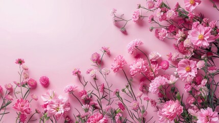 Fresh pink flowers in bloom, arranged on a wallpaper with a textured pattern.