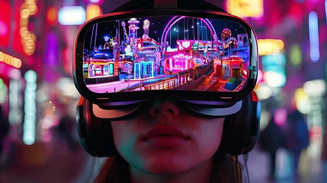 A person wearing a VR headset is immersed in a dazzling virtual amusement park filled with colorful lights and attractions at night.