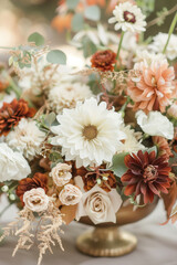 Bouquet of white and light orange flowers in a vintage vase