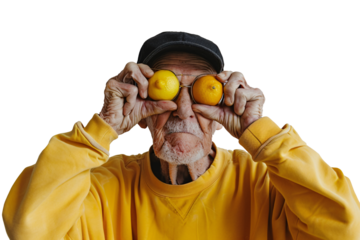 a man holding two lemons over his eyes