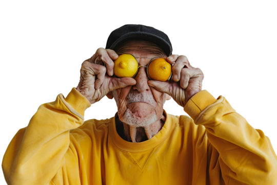 a man holding two lemons over his eyes