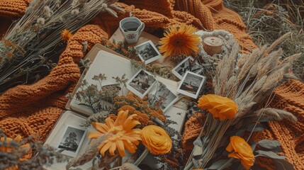 A cozy aesthetic flat lay featuring an open notebook