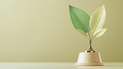 Business trophy with a leaf motif, celebrating ecosuccess, 3D illustration