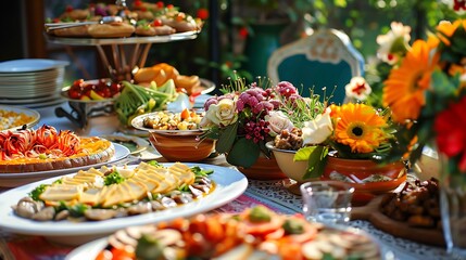 Lunch in dishes and on dining tables with meals that are vegetarian with beautiful decorated flowers