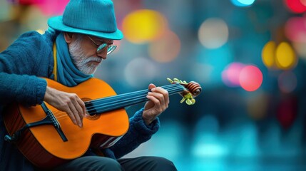 Fototapeta premium A thoughtful musician plays an acoustic guitar on a vibrant street, creating a serene atmosphere amidst the urban hustle.