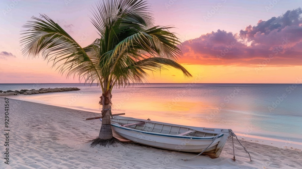 Sticker A palm tree and rowboat on the beach with a sunset 