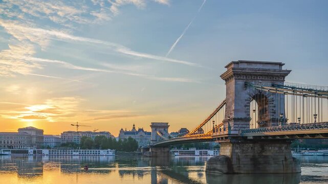 Budapest Hungary time lapse sunrise city skyline at Danube River with Chain Bridge and St. Stephen's Basilica