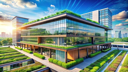 Obraz premium Modern sustainable office building with sleek lines, large windows, and green rooftop, symbolizing eco-friendliness, energy efficiency, and innovative urban architecture in a bustling cityscape.