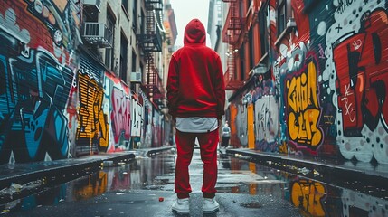 Streetwear Fashion Set in Graffiti Covered Alleyway   Urban Style Trend Concept