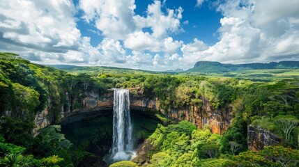 Obraz premium The highest waterfall on the island of Mauritius is Chamarel, whose water falls into the crater of a long-extinct volcano. Exotic nature of tropical paradise of Mauritius island, Chamarel waterfall.