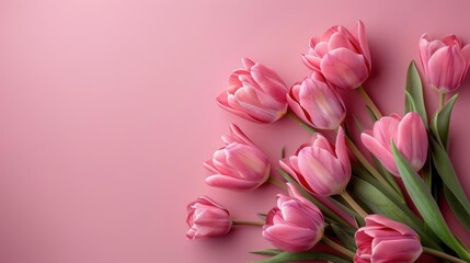 Obraz premium A bouquet of pink tulips resting against a pink background.