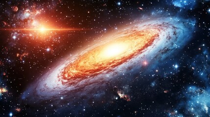 Fototapeta premium A Spiral Galaxy With Bright Stars and Nebulae in a Vast Dark Universe