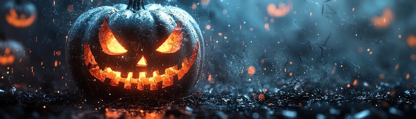 Fototapeta premium A glowing jack-o'-lantern with a sinister grin amidst a spooky mist, perfect for Halloween-themed projects or decorations.