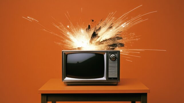 A vintage television set erupts in sparks, capturing a moment of explosive chaos amid an orange backdrop