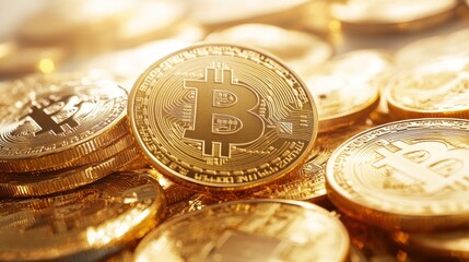 Close-up of Golden Bitcoin Cryptocurrency Coins