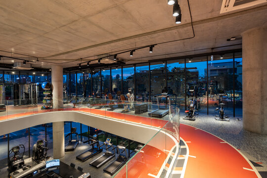 Bangkok, Thailand - November 18, 2022: Interior of the fitness gym exercise equipment showroom of Seara Sports located in Bangkok, Thailand.
Interior Fitness Center Health Club Exercise Equipment