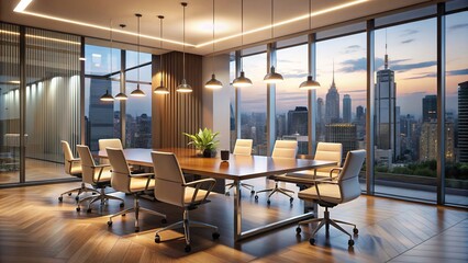 Modular conference table with futuristic chairs in a minimalist, glass-walled meeting room, illuminated by warm floor lamps and surrounded by sleek, urban architecture.