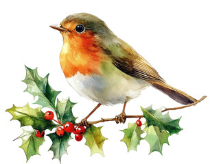 A beautiful robin perched on a holly branch, showcasing its vibrant colors and festive charm in a natural winter setting.