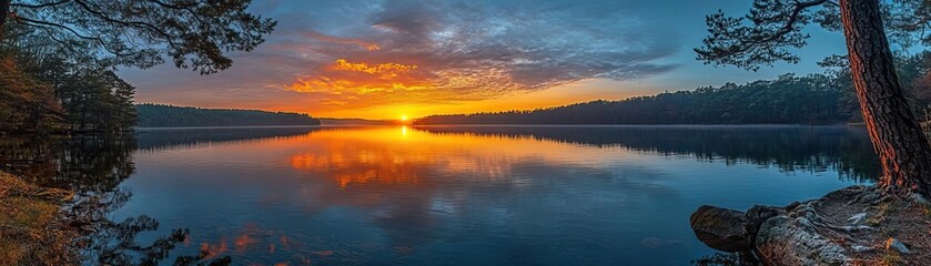 Obraz premium A peaceful lake at sunrise, with the golden light of dawn reflecting on the still water, evoking serenity and natural beauty