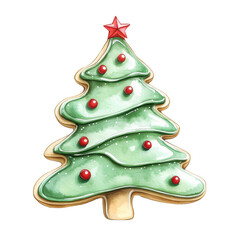 A beautifully decorated Christmas tree cookie with green icing, red ornaments, and a star on top, perfect for festive celebrations.