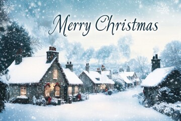 Fototapeta premium Snowy Village Scene Collage: Photos of a quaint village covered in snow, with cozy cottages, frosted windows, and smoke rising from chimneys. The text 