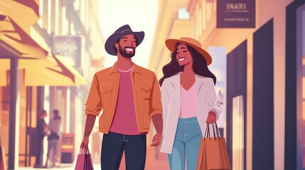 A couple walks hand in hand, smiling and carrying shopping bags under a sunny sky