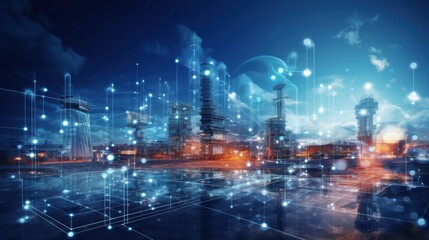 Naklejka premium Modern factory, communication network. Telecommunication. IoT, Internet of Things, ICT, Information communication Technology,. Smart factory. Digital transformation, cloud connecting, generate by AI