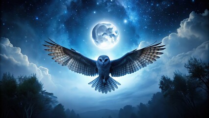 Obraz premium Moonlit wingspan of a regal owl in silhouette, spread wide, against a dark blue horizon with subtle starlight and whispery cloud formations.
