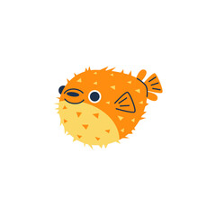 Fototapeta premium Vector illustration with blowfish: yellow-orange balloon fish with sharp needles on a white background.
