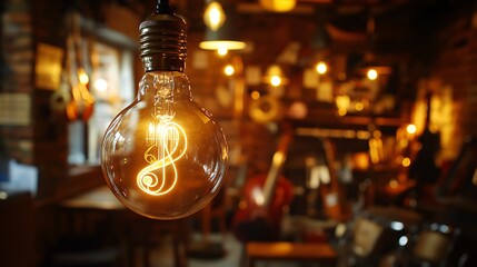 A close up of a light bulb with a filament shaped like a musical note, glowing warmly in a dimly lit room filled with musical instruments