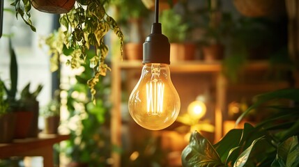 A close up of a light bulb with a filament shaped like a leaf, glowing warmly in a nature-themed room filled with plants and wooden decor