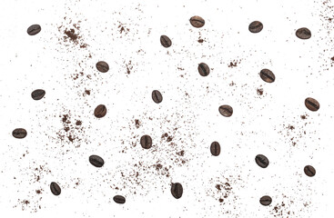 Pile of powder, instant coffee and beans scattered isolated on white background, top view	
