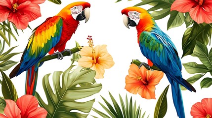 Obraz premium Two Colorful Macaws Perched on Branches Amongst Tropical Flowers and Leaves