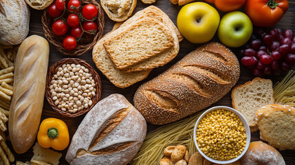 A vibrant arrangement of various breads, fruits, vegetables, beans, and grains displayed on a wooden surface.