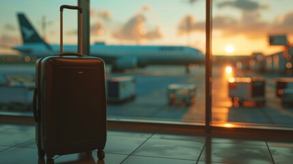Suitcase, travel bag in airport. Airplane outside window. Travel background illustration generated by ai
